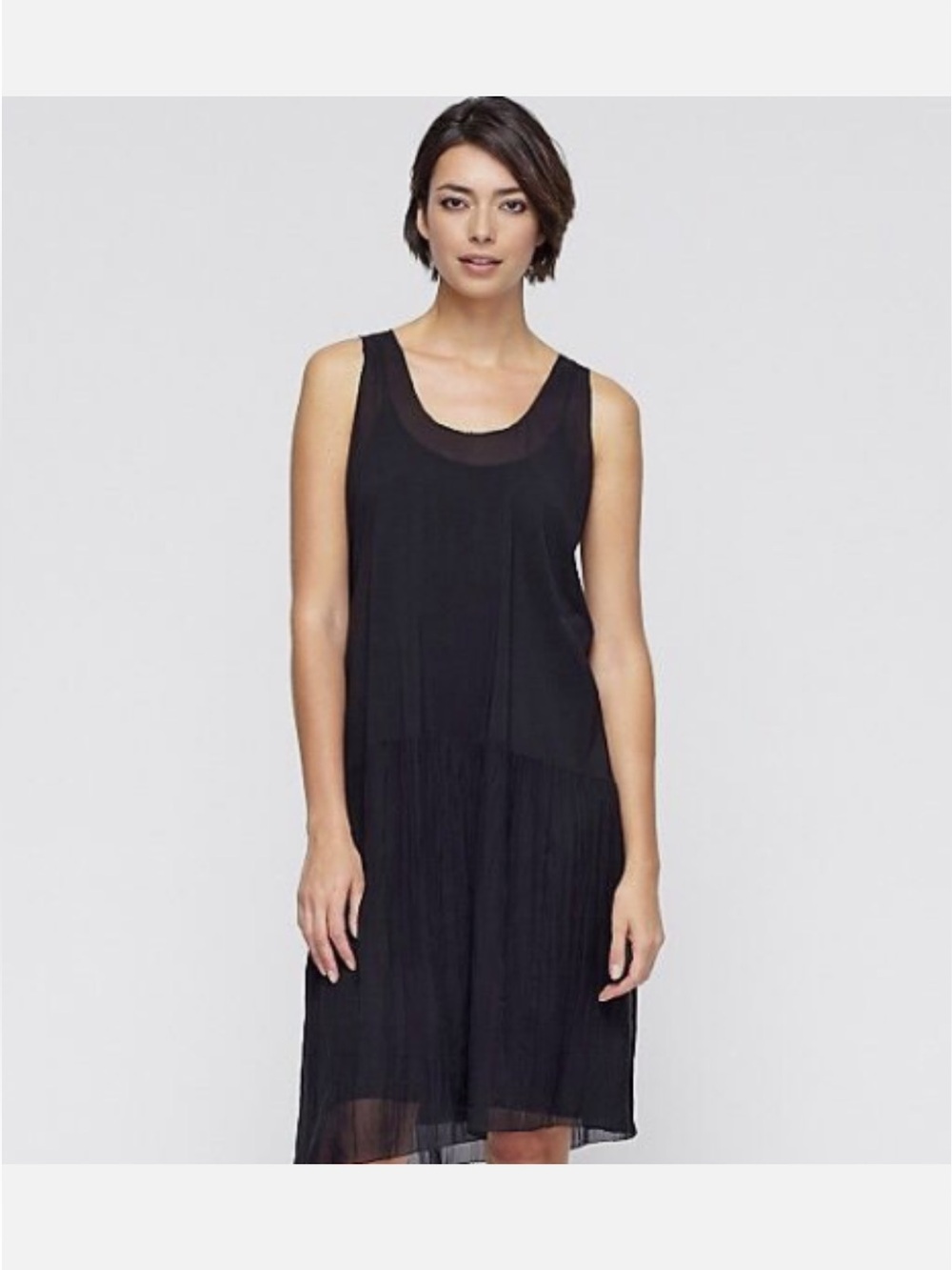 EILEEN FISHER Black Gathered Sheer Silk U-Neck Sleeveless Dress S